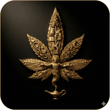 Emblema da ACESA, folha de cannabis e lâmpada em dourado